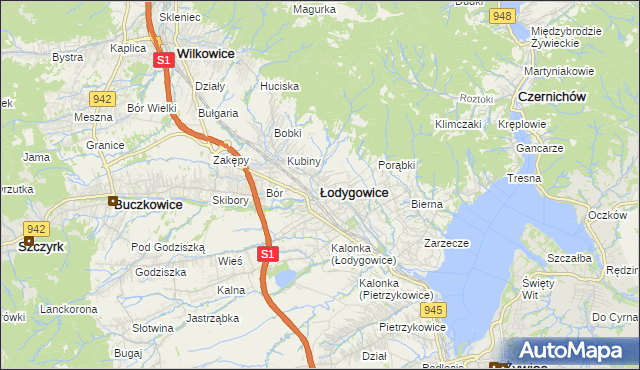 mapa Łodygowice powiat żywiecki, Łodygowice powiat żywiecki na mapie Targeo