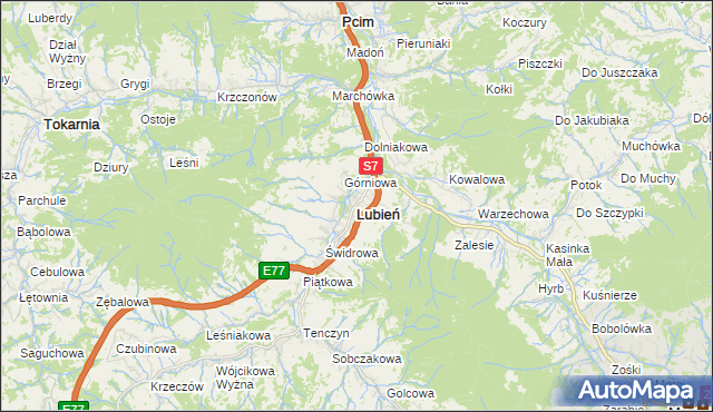 mapa Lubień powiat myślenicki, Lubień powiat myślenicki na mapie Targeo