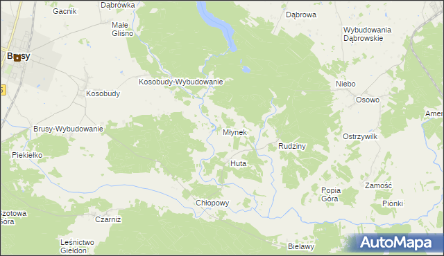 mapa Młynek gmina Brusy, Młynek gmina Brusy na mapie Targeo