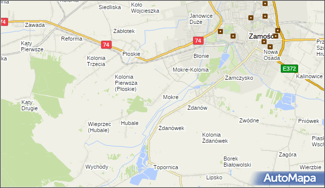 mapa Mokre gmina Zamość, Mokre gmina Zamość na mapie Targeo