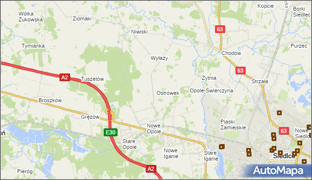 mapa Ostrówek gmina Siedlce, Ostrówek gmina Siedlce na mapie Targeo