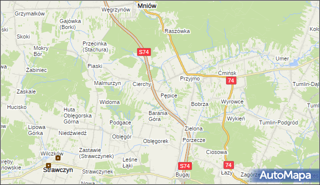 mapa Pępice gmina Mniów, Pępice gmina Mniów na mapie Targeo