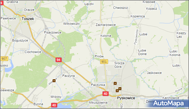 mapa Pniów gmina Toszek, Pniów gmina Toszek na mapie Targeo