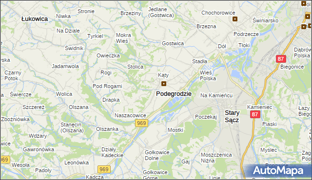 mapa Podegrodzie powiat nowosądecki, Podegrodzie powiat nowosądecki na mapie Targeo