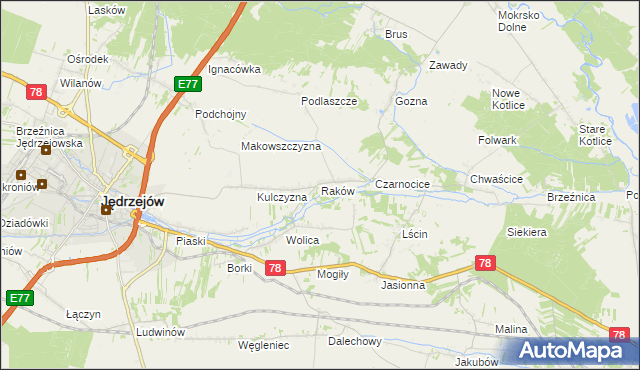 mapa Raków gmina Jędrzejów, Raków gmina Jędrzejów na mapie Targeo