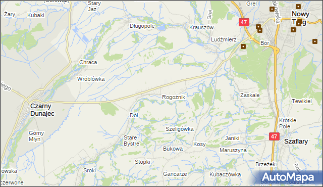 mapa Rogoźnik gmina Nowy Targ, Rogoźnik gmina Nowy Targ na mapie Targeo