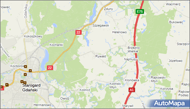 mapa Rywałd gmina Starogard Gdański, Rywałd gmina Starogard Gdański na mapie Targeo