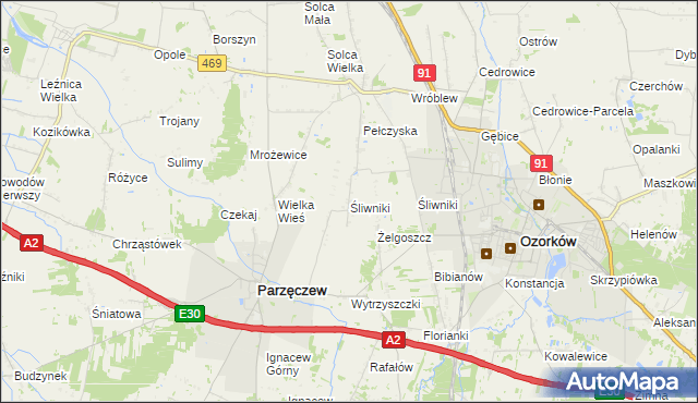 mapa Śliwniki gmina Parzęczew, Śliwniki gmina Parzęczew na mapie Targeo