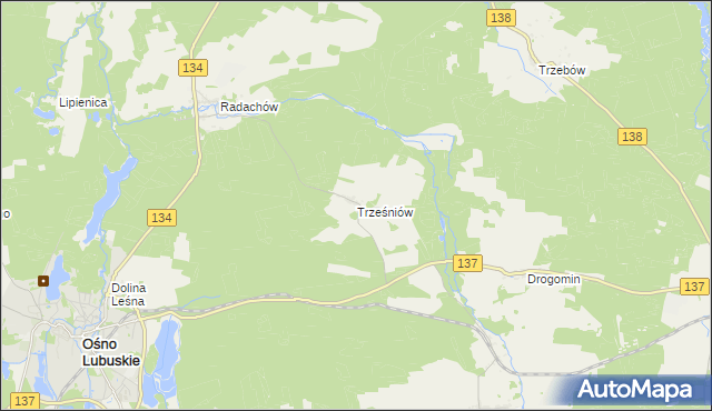 mapa Trześniów gmina Ośno Lubuskie, Trześniów gmina Ośno Lubuskie na mapie Targeo