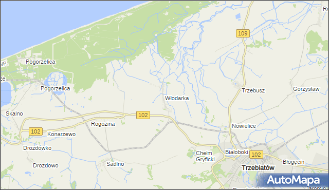 mapa Włodarka gmina Trzebiatów, Włodarka gmina Trzebiatów na mapie Targeo