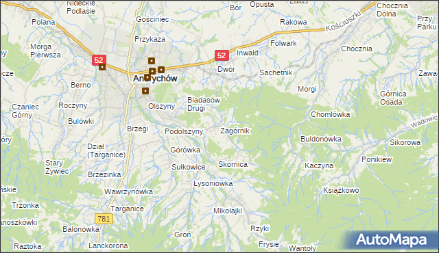 mapa Zagórnik gmina Andrychów, Zagórnik gmina Andrychów na mapie Targeo