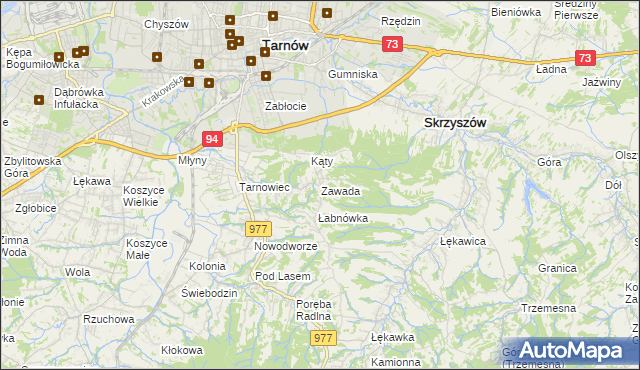 mapa Zawada gmina Tarnów, Zawada gmina Tarnów na mapie Targeo