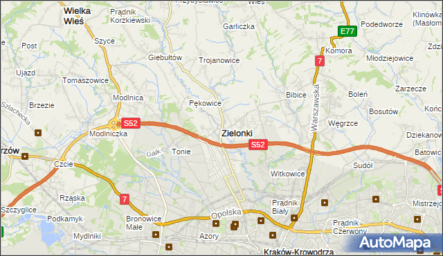 mapa Zielonki powiat krakowski, Zielonki powiat krakowski na mapie Targeo