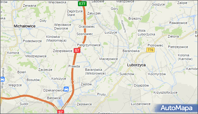 mapa Maciejowice gmina Kocmyrzów-Luborzyca, Maciejowice gmina Kocmyrzów-Luborzyca na mapie Targeo