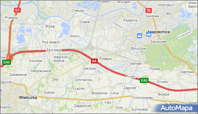 mapa Podłęże gmina Niepołomice, Podłęże gmina Niepołomice na mapie Targeo