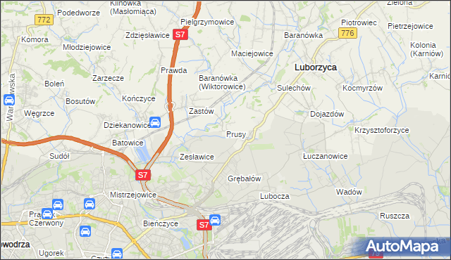 mapa Prusy gmina Kocmyrzów-Luborzyca, Prusy gmina Kocmyrzów-Luborzyca na mapie Targeo