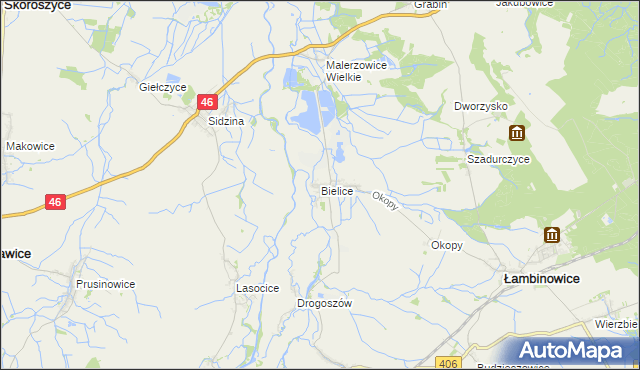 mapa Bielice gmina Łambinowice, Bielice gmina Łambinowice na mapie Targeo