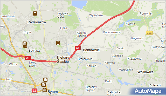 mapa Bobrowniki powiat będziński, Bobrowniki powiat będziński na mapie Targeo