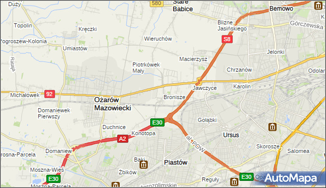 mapa Bronisze gmina Ożarów Mazowiecki, Bronisze gmina Ożarów Mazowiecki na mapie Targeo