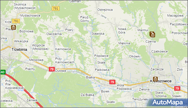 mapa Filipowice gmina Krzeszowice, Filipowice gmina Krzeszowice na mapie Targeo
