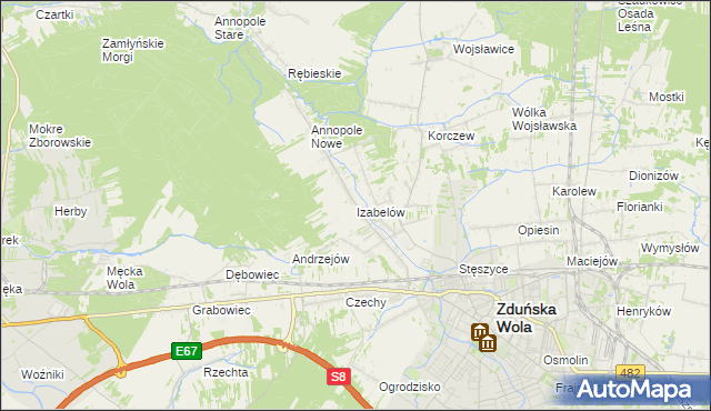 mapa Izabelów gmina Zduńska Wola, Izabelów gmina Zduńska Wola na mapie Targeo