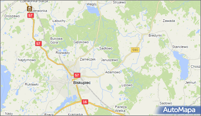 mapa Januszewo gmina Biskupiec, Januszewo gmina Biskupiec na mapie Targeo