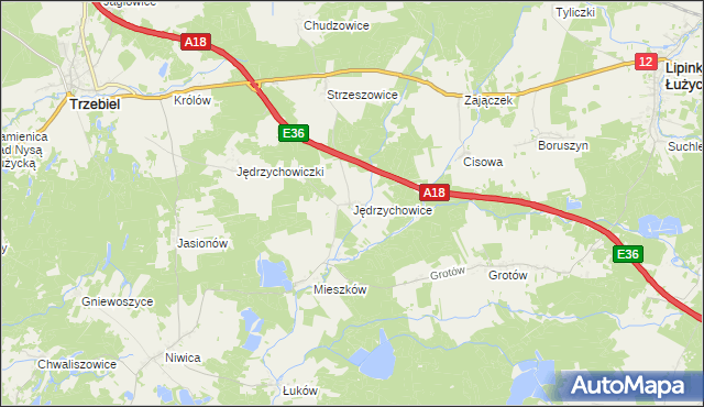 mapa Jędrzychowice gmina Trzebiel, Jędrzychowice gmina Trzebiel na mapie Targeo