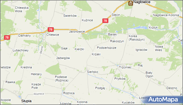 mapa Krzaki gmina Słupia, Krzaki gmina Słupia na mapie Targeo