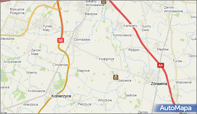 mapa Księginice gmina Kobierzyce, Księginice gmina Kobierzyce na mapie Targeo