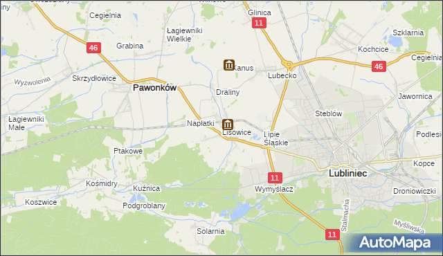 mapa Lisowice gmina Pawonków, Lisowice gmina Pawonków na mapie Targeo