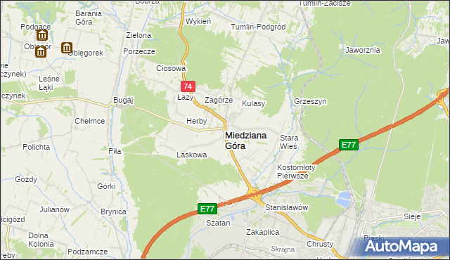 mapa Miedziana Góra powiat kielecki, Miedziana Góra powiat kielecki na mapie Targeo