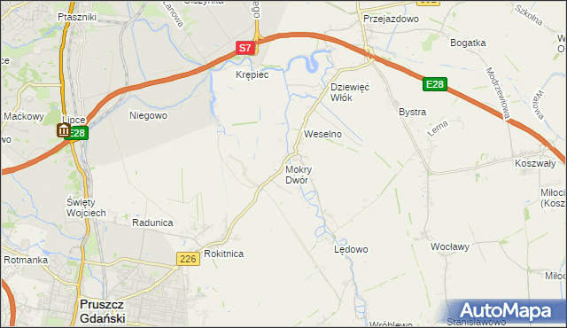 mapa Mokry Dwór gmina Pruszcz Gdański, Mokry Dwór gmina Pruszcz Gdański na mapie Targeo