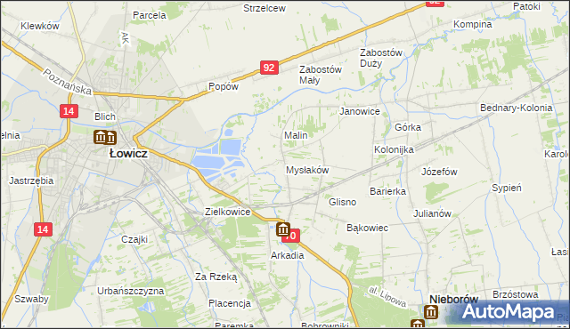 mapa Mysłaków gmina Nieborów, Mysłaków gmina Nieborów na mapie Targeo