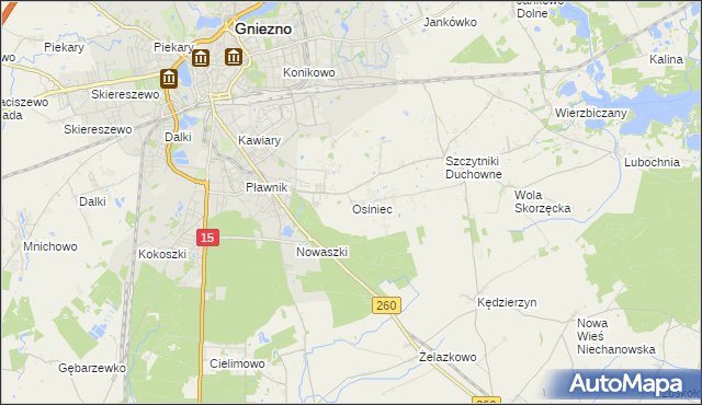 mapa Osiniec gmina Gniezno, Osiniec gmina Gniezno na mapie Targeo