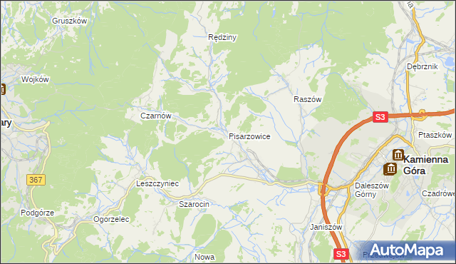 mapa Pisarzowice gmina Kamienna Góra, Pisarzowice gmina Kamienna Góra na mapie Targeo