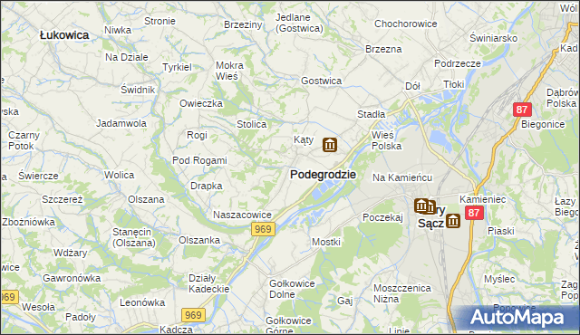 mapa Podegrodzie powiat nowosądecki, Podegrodzie powiat nowosądecki na mapie Targeo