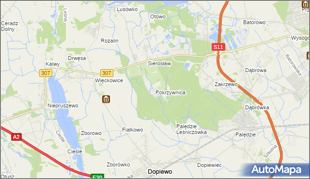 mapa Pokrzywnica gmina Dopiewo, Pokrzywnica gmina Dopiewo na mapie Targeo