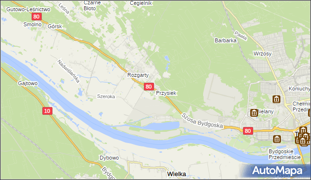 mapa Przysiek gmina Zławieś Wielka, Przysiek gmina Zławieś Wielka na mapie Targeo