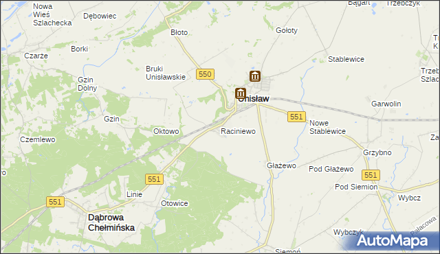 mapa Raciniewo gmina Unisław, Raciniewo gmina Unisław na mapie Targeo