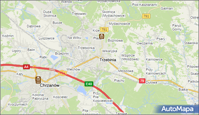 mapa Trzebinia powiat chrzanowski, Trzebinia powiat chrzanowski na mapie Targeo