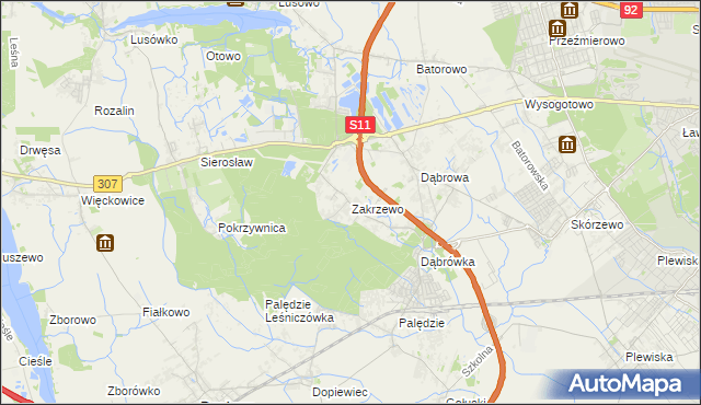 mapa Zakrzewo gmina Dopiewo, Zakrzewo gmina Dopiewo na mapie Targeo