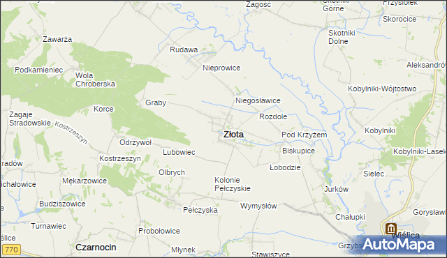 mapa Złota powiat pińczowski, Złota powiat pińczowski na mapie Targeo