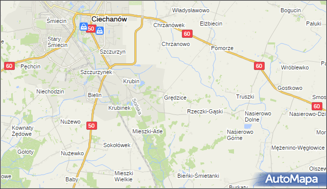 mapa Grędzice gmina Ciechanów, Grędzice gmina Ciechanów na mapie Targeo