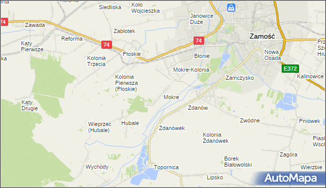 mapa Mokre gmina Zamość, Mokre gmina Zamość na mapie Targeo