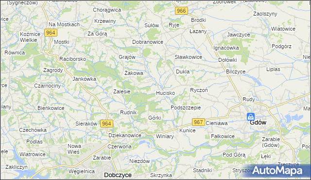 mapa Hucisko gmina Gdów, Hucisko gmina Gdów na mapie Targeo