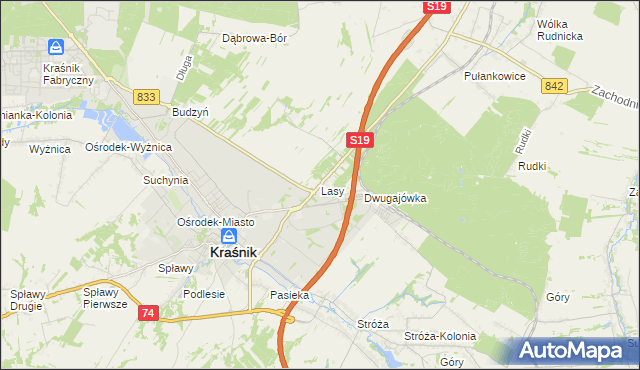 mapa Lasy gmina Kraśnik, Lasy gmina Kraśnik na mapie Targeo