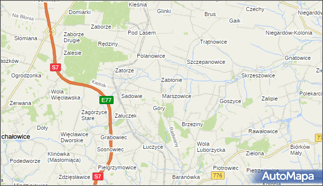 mapa Marszowice gmina Kocmyrzów-Luborzyca, Marszowice gmina Kocmyrzów-Luborzyca na mapie Targeo