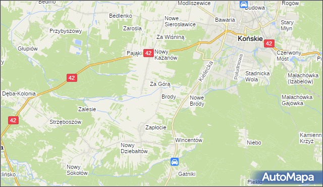 mapa Brody gmina Końskie, Brody gmina Końskie na mapie Targeo