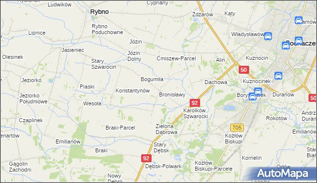 mapa Bronisławy gmina Rybno, Bronisławy gmina Rybno na mapie Targeo