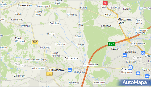 mapa Brynica gmina Piekoszów, Brynica gmina Piekoszów na mapie Targeo